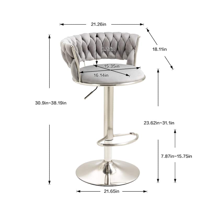 Velvet Swivel Adjustable Height Bar Stools With Sliver Footrest(set of 2)