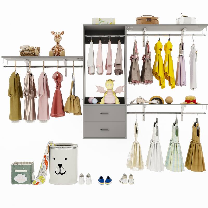 96'' Hanging Closet System with 3 Hanging Rod ＆ 3 Shelving Towers ＆ 2 Drawers,8FT Walk in Closet Organizer System