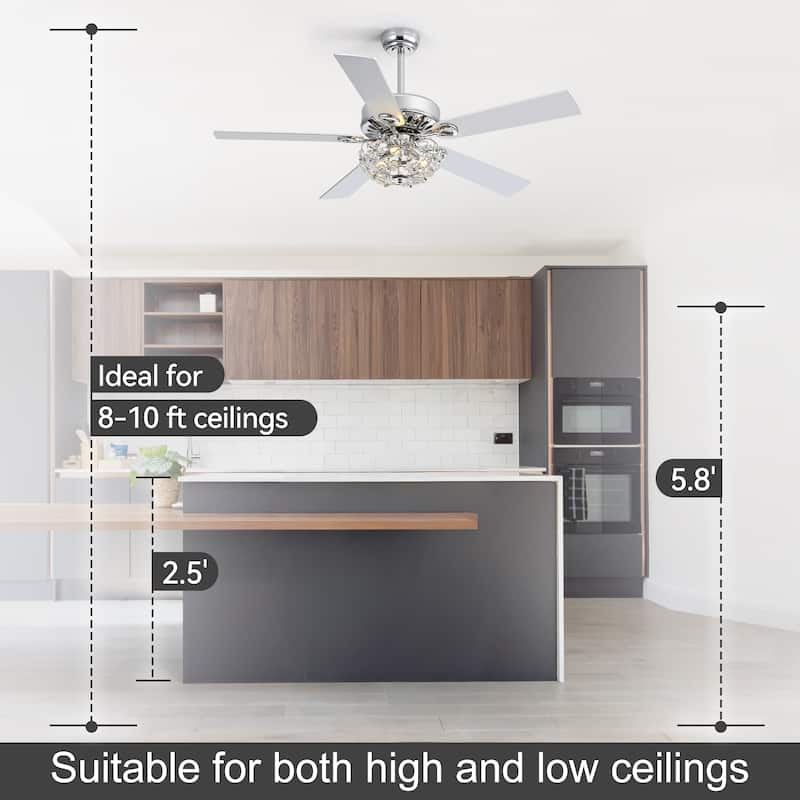 52" Chrome Crystal Ceiling Fan with Lights, Remote Control, Reversible DC Motor, 6-Speed Indoor Ceiling Fan with 5 Silver Blades