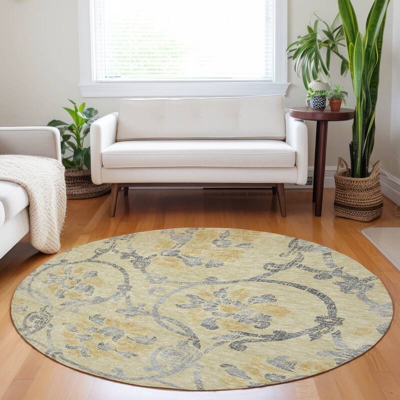 Premium Washable Super Soft Persian Floral Mayfield Rug - Gold - 8' x 8' - Round