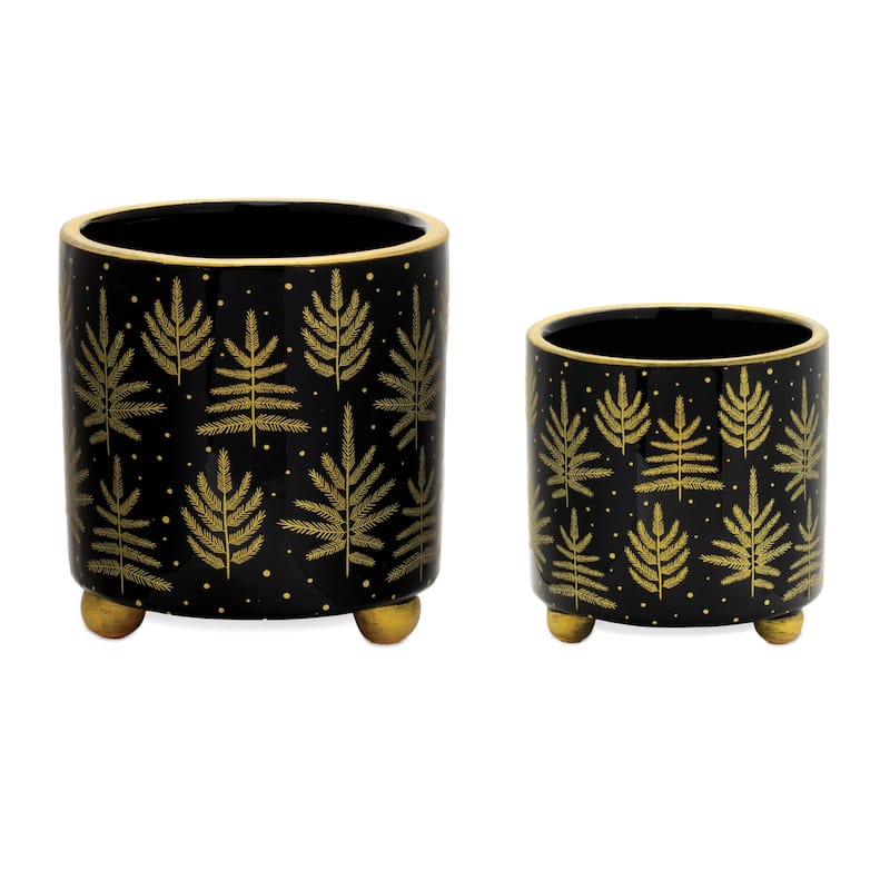 HomeRoots Set of Two Black And Gold Ceramic Pot Planters - 4 in. x 4.25 in. x 4 in.