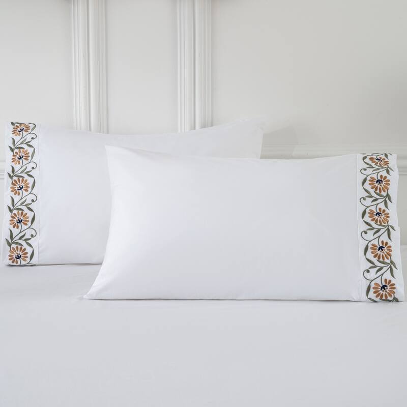 Hotel Style 200TC Cotton Percale Pillowcases, Floral Embroidery, 2Pack, 4 Patterns, 20x30" - Multi