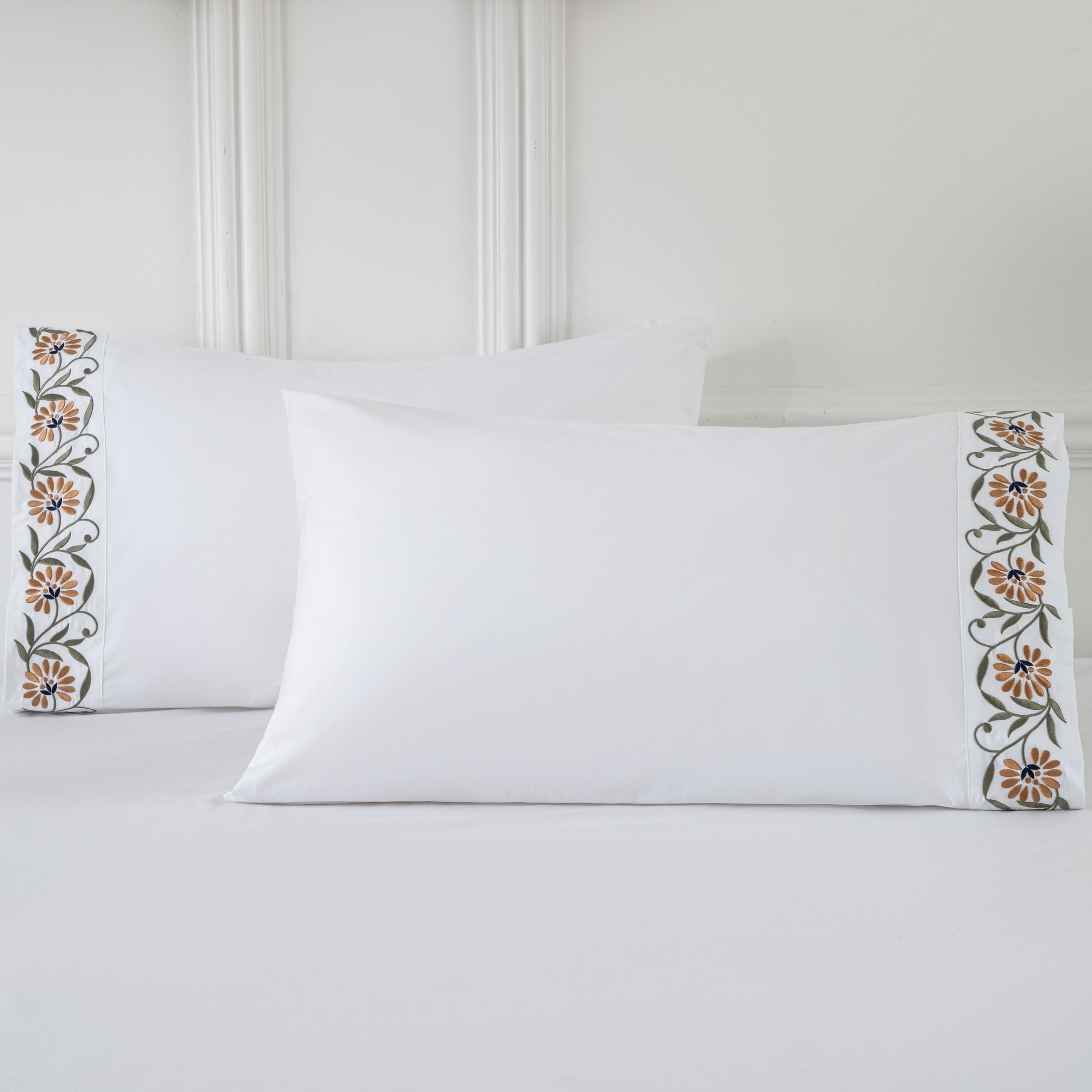 100% Cotton Percale 200 Thread Count Embroidered Standard Pillowcases, Set of 2