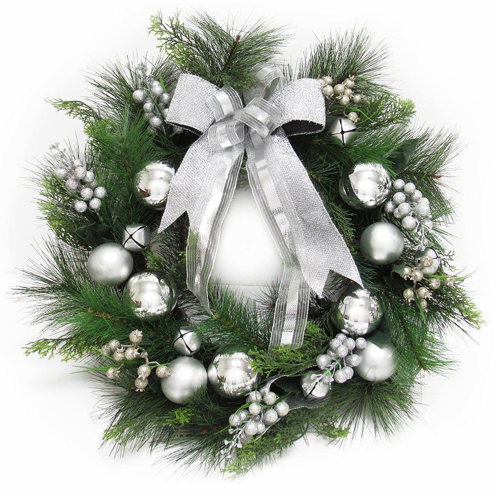 Deluxe Silver Ornament Bell Berry & Pine Wreath 24in - 24