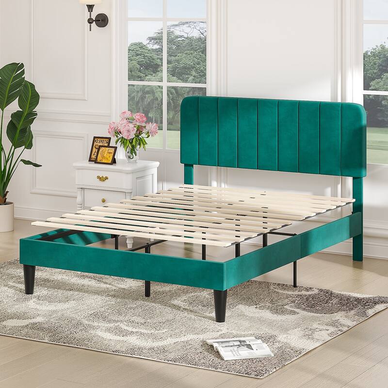 VECELO Velvet Upholstered Bed Frame with Vertical Channel Tufted Headboard, Adjustable Headboard, Wooden Slats Support