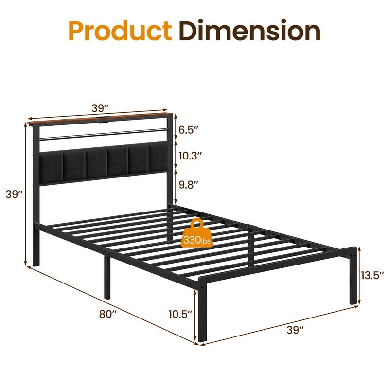 Bed Frame with Storage Shelves and Charging Station