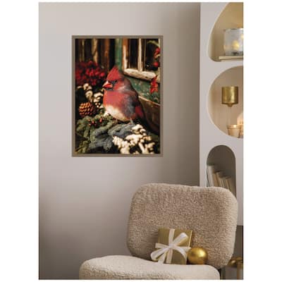 Kate and Laurel Framed Canvas Red Cardinal Sitting On a Mistletoe by Michael Schauer