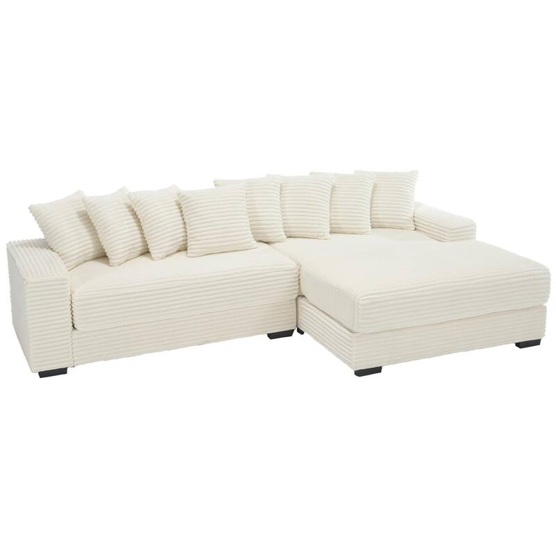111" Corduroy L-Shape Sectional Sofa with Right Chaise, 8 Throw Pillows and Square Armrests