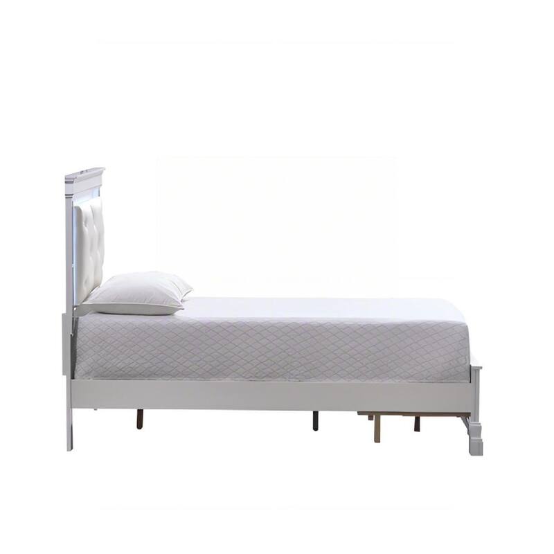 Pearl White Twin Bed with LED Headboard, Mirror Trim, and Storage Drawers