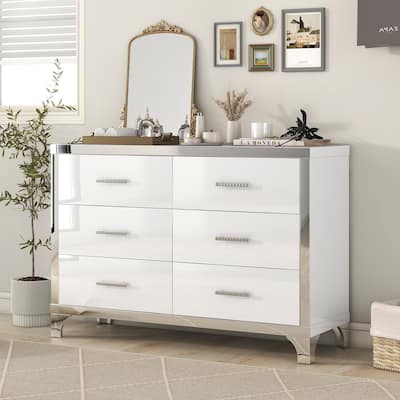 Elegant High Gloss Dresser with Metal Handle,Mirrored Storage Cabinet with 6 Drawers for Bedroom