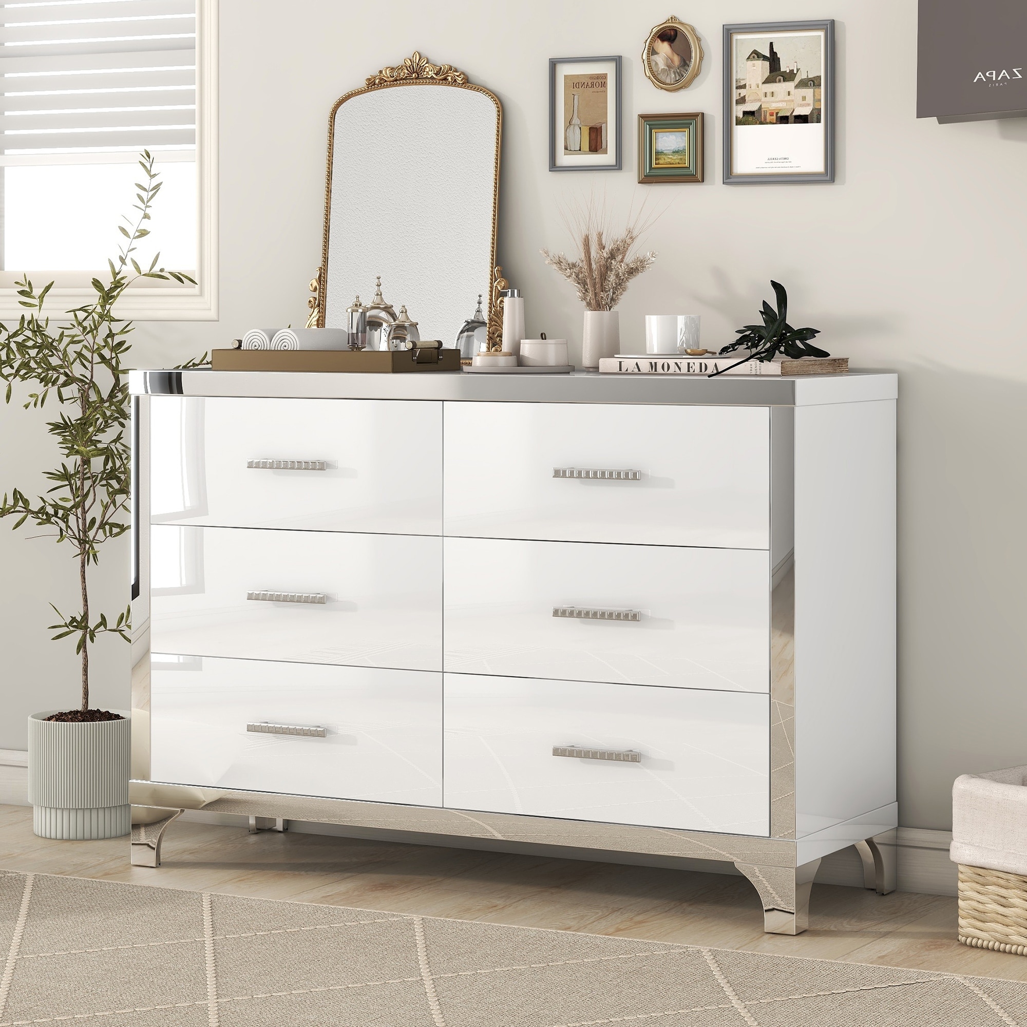 Elegant High Gloss Vanity Table with 6 Drawers and Metal Handles