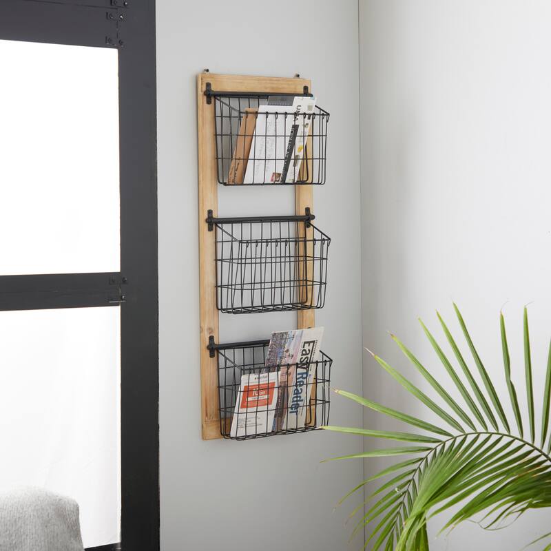Black Metal 3 or 2 Slot Magazine Rack Holder with Wood Frame and Suspended Wire Baskets
