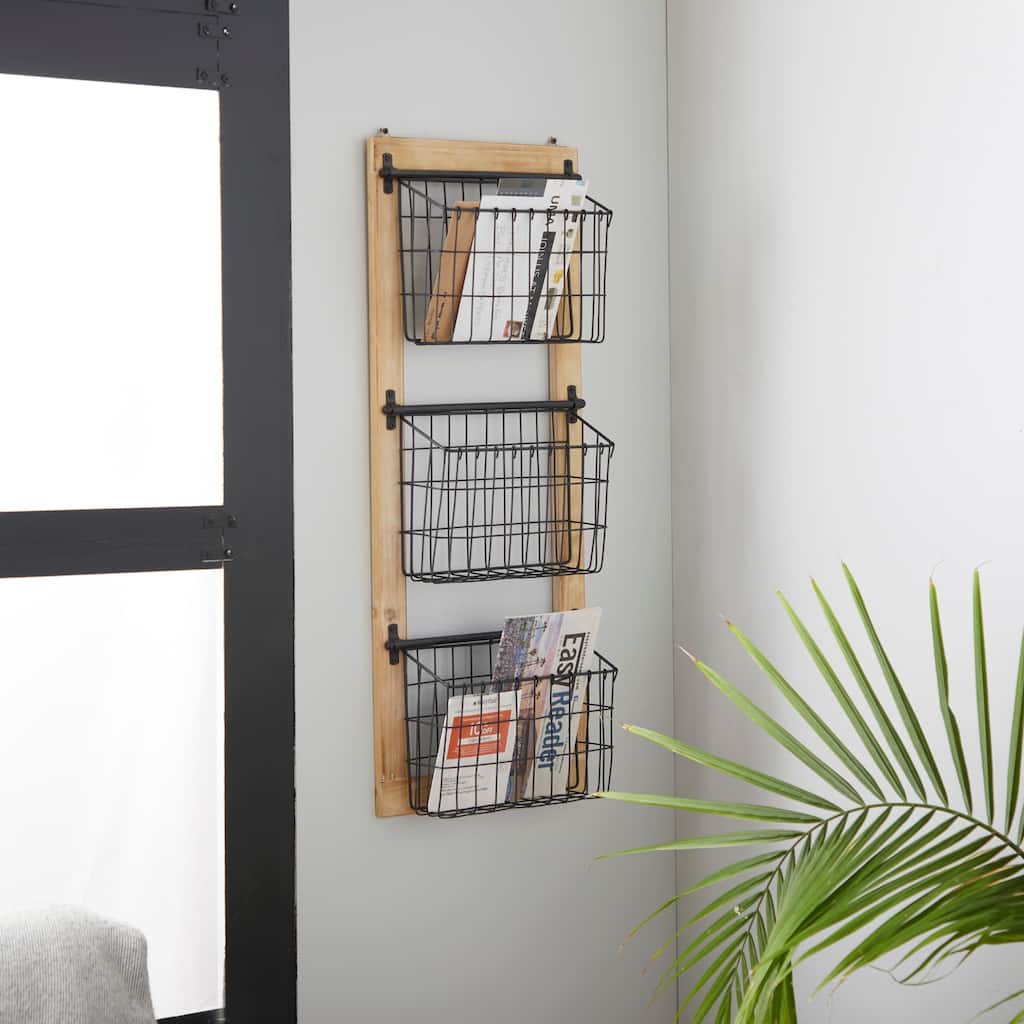 Black Metal 3 or 2 Slot Magazine Rack Holder with Wood Frame and Suspended Wire Baskets