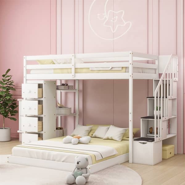 slide 2 of 17, Taylor & Olive Twin Over Full Bunk Bed with 3-layer Shelves, Drawers and Storage Stairs White