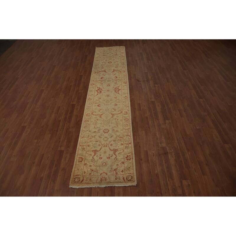 Hand Knotted Oriental 100% Wool Carpet Traditional Floral Beige & Ivories Peshawar Runner Rug - 12' 9'' X 2' 5''