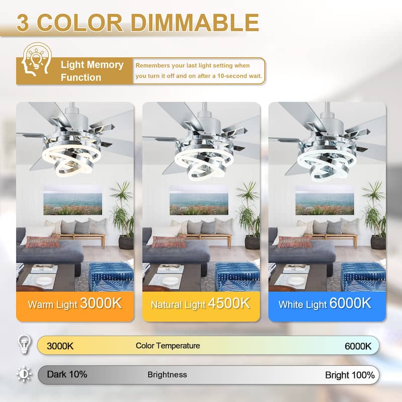 Cusp Barn 52"/72" Modern Large Dimmable LED Ceiling Fan with Lights and Remote, Reversible 8-Blade DC Motor DIY Shape Chandelier