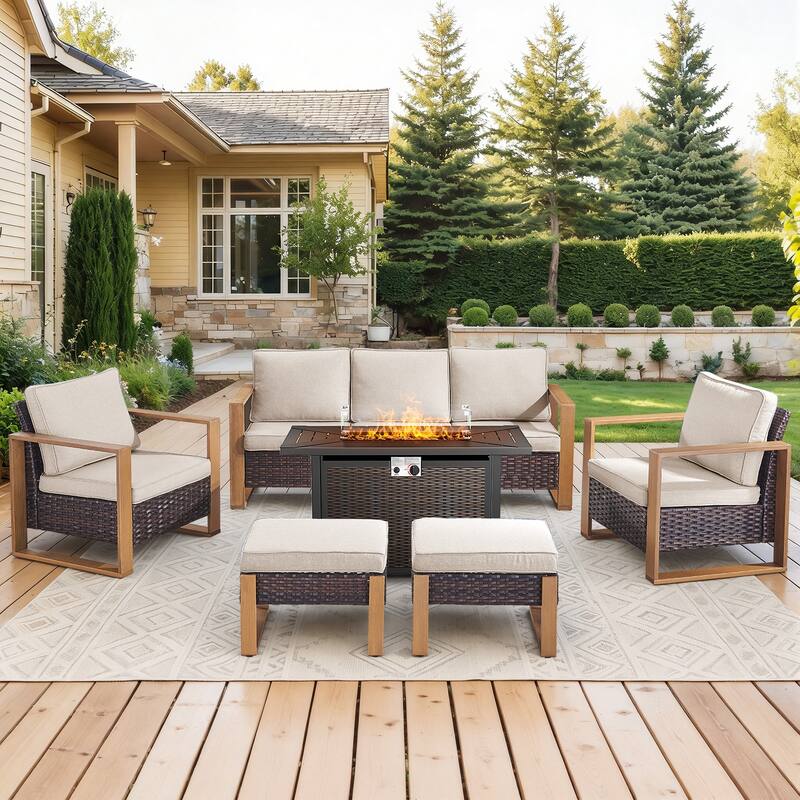 Meyreso Wicker Patio Conversation Set with Metal Fire Pit Table & Olefin Cushions