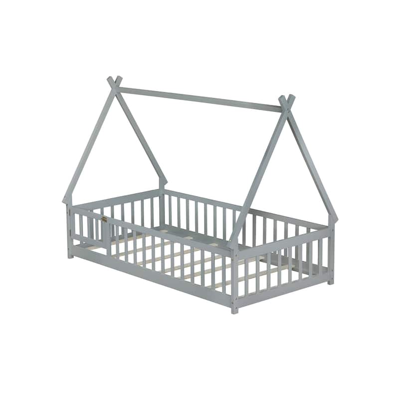 Twin Tent-shaped Floor Bed,Teepee Bed with Guardrails