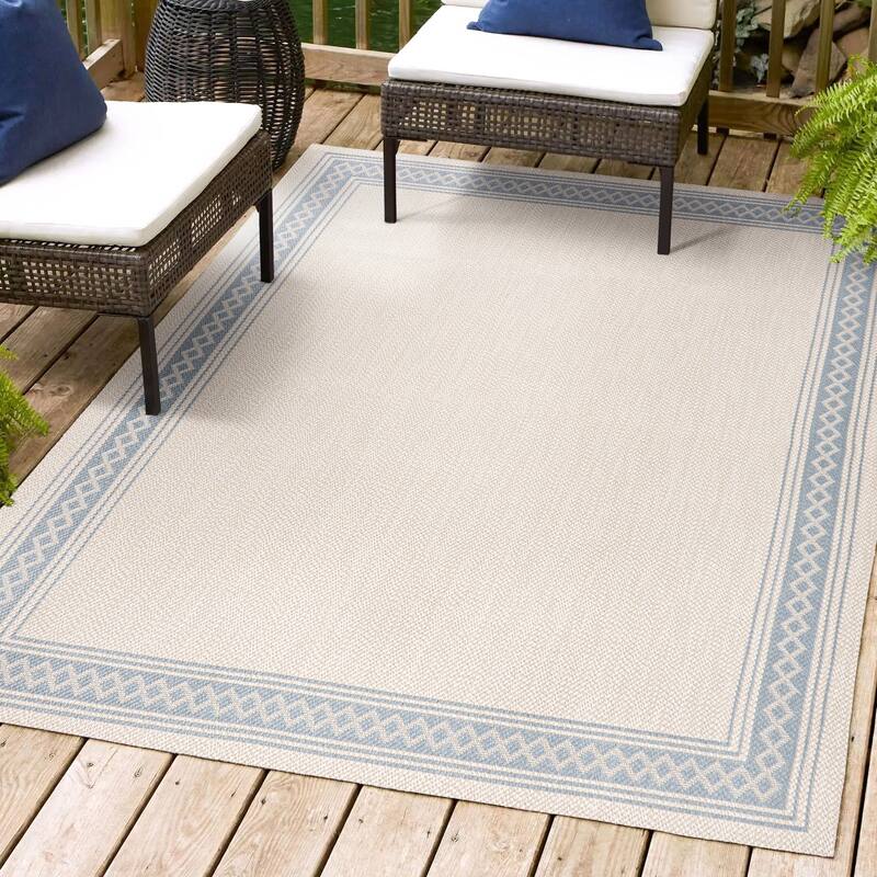 JONATHAN Y Havana Classic Diamond Border Indoor/Outdoor Area Rug - 5 X 8 - Cream/Blue
