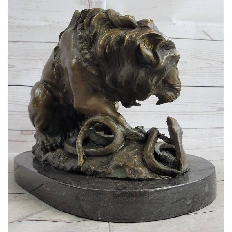 Lion Vs. Imitative Snake Bronze Sculpture Animal Sculpture A. Barye Figurine On Marble Base