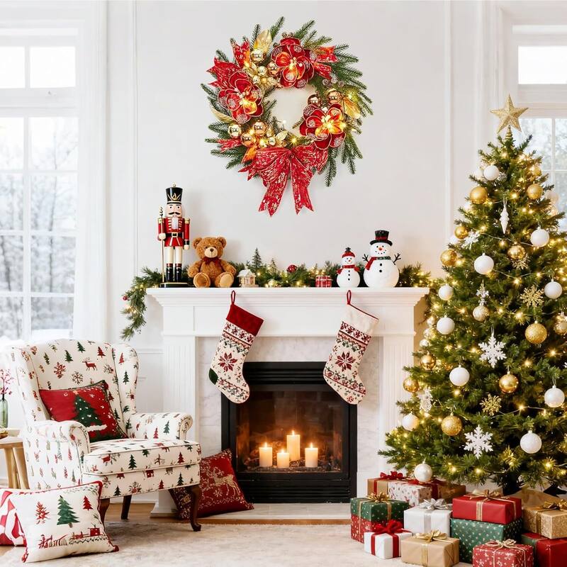 24 Inch Pre-Lit Artificial Pine Christmas Wreath with Warm White LED Lights