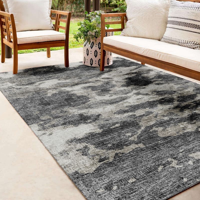 Indoor/ Outdoor Accord Modern Waves Washable Rug New - 9' x 12' - Charcoal