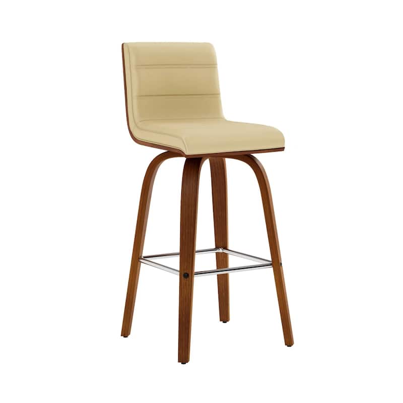 Modern Swivel Bar Stool with Low Backrest and Footrest Upholstered Walnut Finish Solid Wood Frame