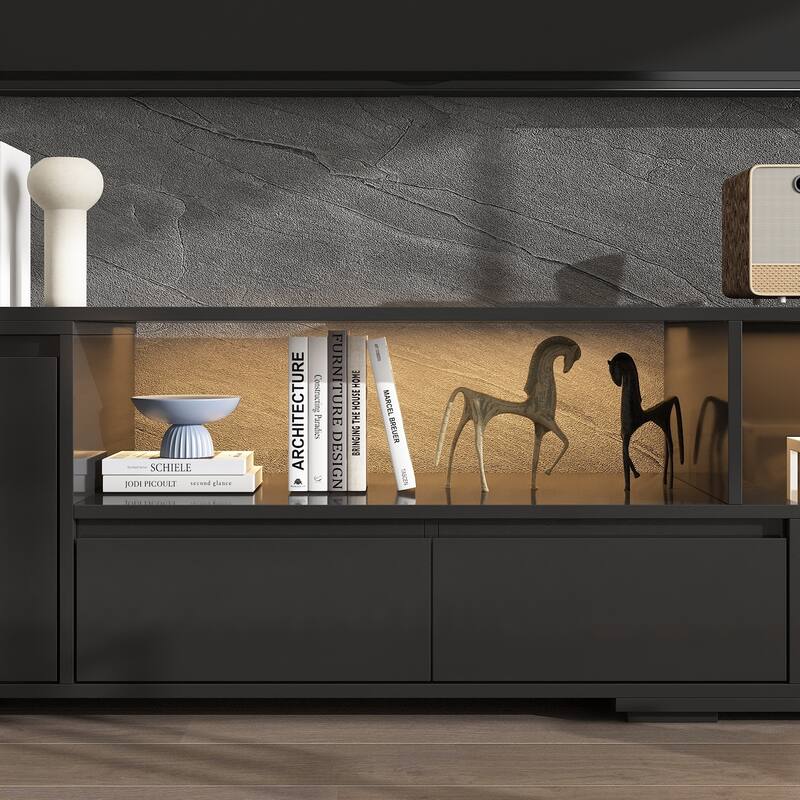 Modern Black TV Stand with LED Lighting and Expandable Open Area: Stylish, Customizable & Ultra - Practical