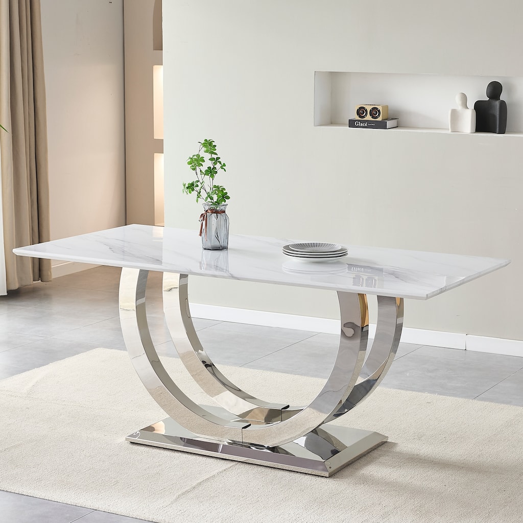 69.30 Inch Rectangular Dining Table, Modern Simple, Marble Tabletop, MDF Tabletop, Suitable For 4-6 People - Silver+White