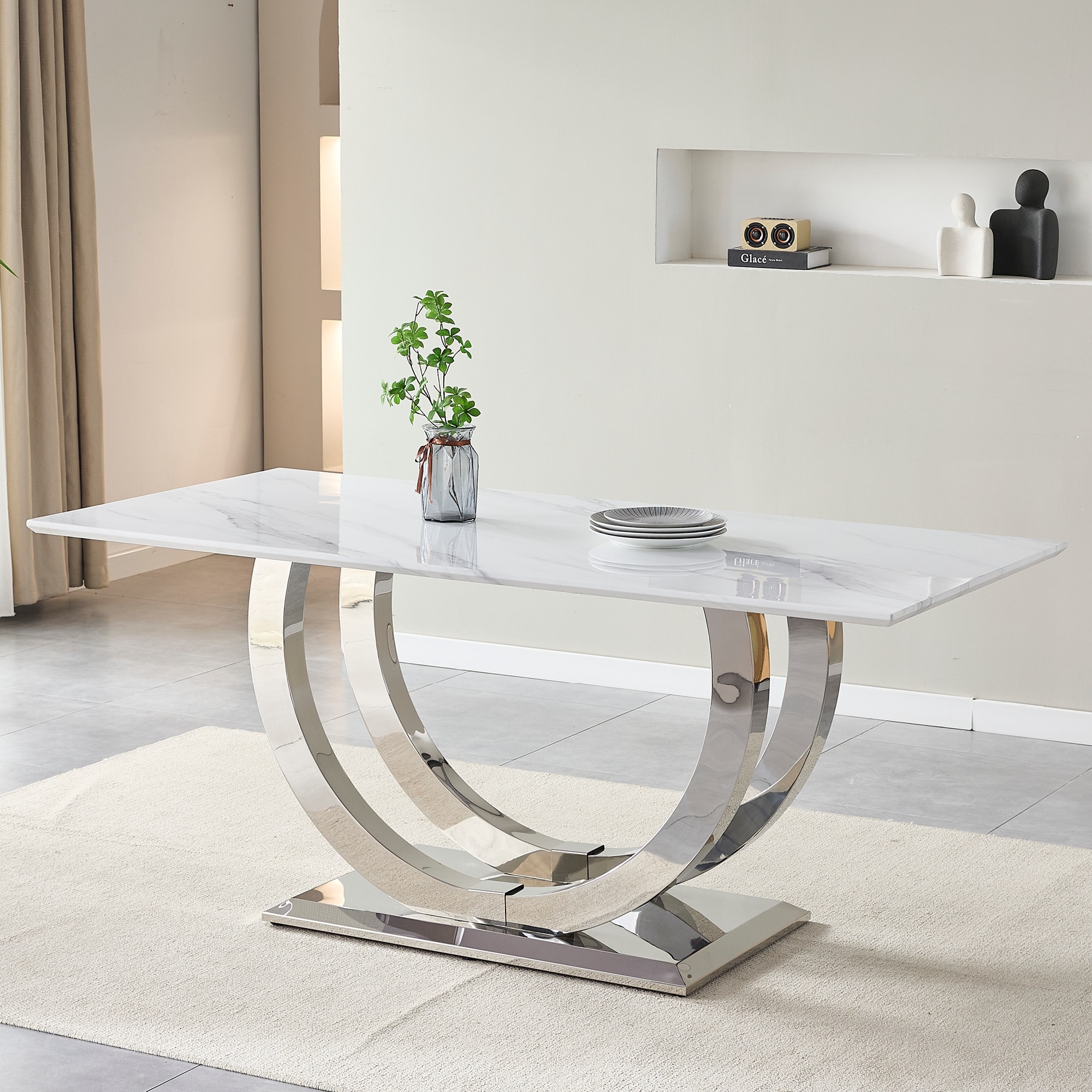 69.30 Inch Rectangular Dining Table, Modern Simple Tabletop, Mdf Tabletop, Stainless Steel Mirror Surface In Color