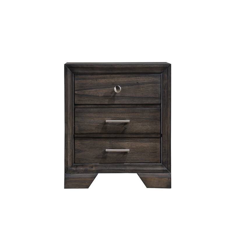 1pc Contemporary Dark Wood Grain Finish Metal Knobs Two-Drawers Nightstand Wooden Gray