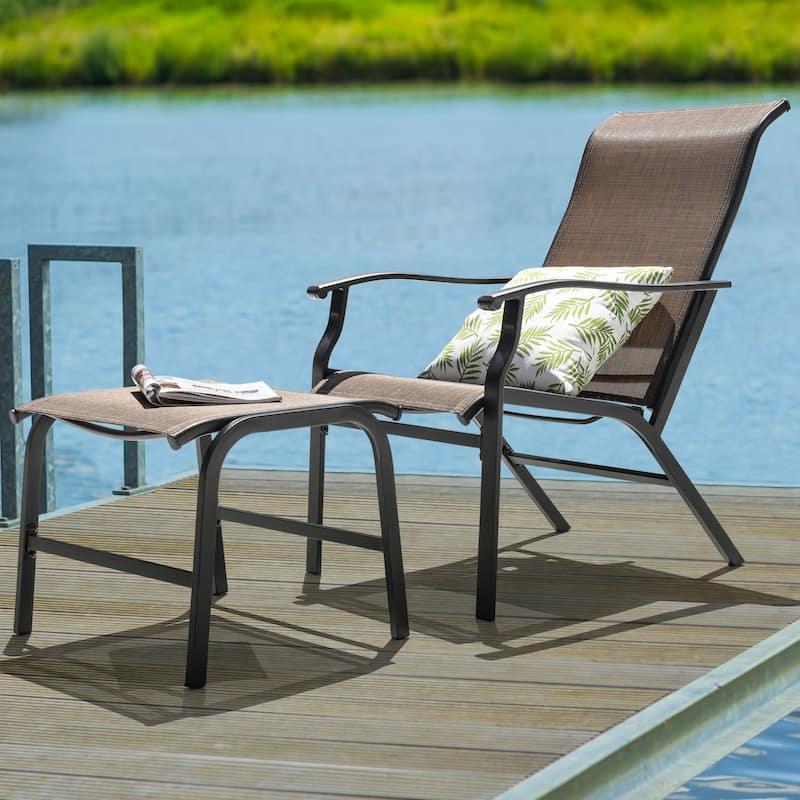 2-Piece Patio All-Weather Textilene Lounge Chair with Ottoman, Brown