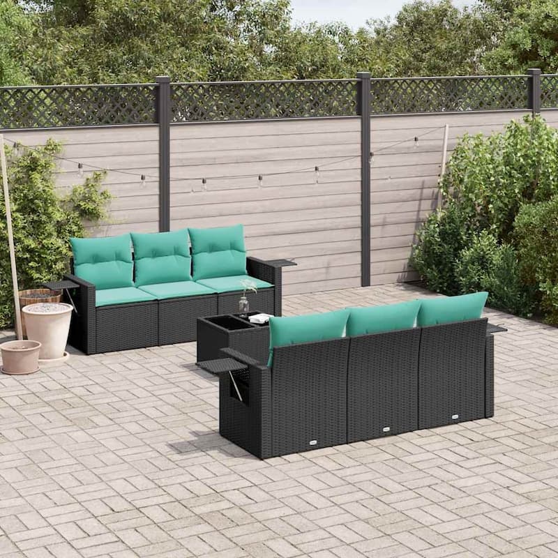 vidaXL Patio Sofa Set with Cushions Outdoor Furniture 7 Piece Poly Rattan - 21.7 x 24.4 x 27.2 - Black and Blue
