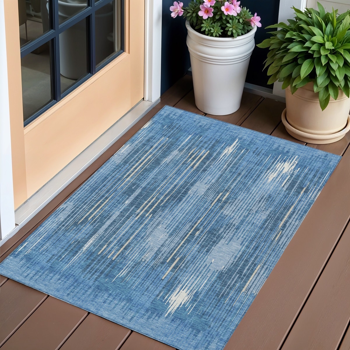 3' X 5' Blue And Ivory Striped Washable Indoor Outdoor Area Rug - 3'6
