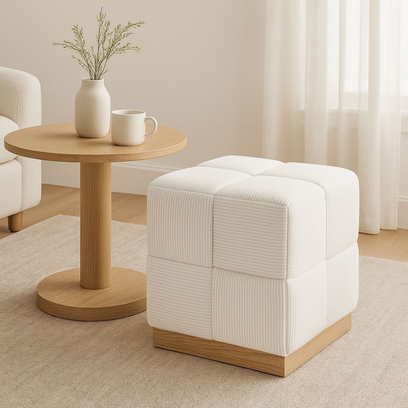 Esme Checker Weave Corduroy Accent Stool with Soft Fabric