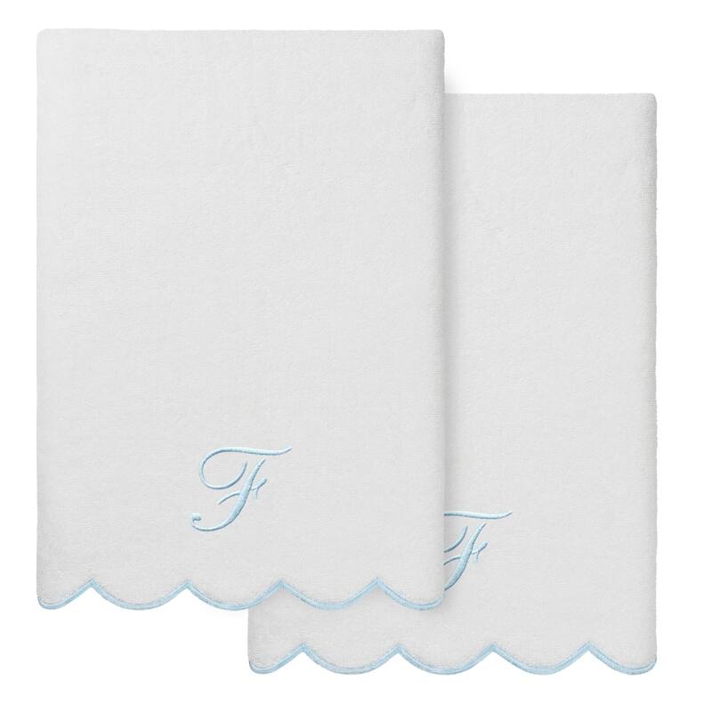 Authentic Hotel and Spa 100% Turkish Cotton Blue ADORNIA Scallop Personalized 2 Piece Bath Towel Set - 2 Bath Towels - F
