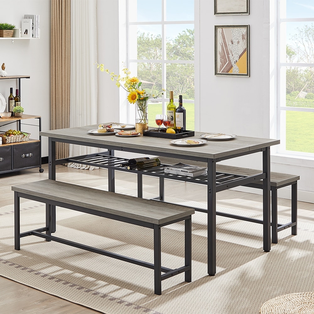 3 Piece Rustic Oversized Kitchen Dining Table Set w 2 Benches On