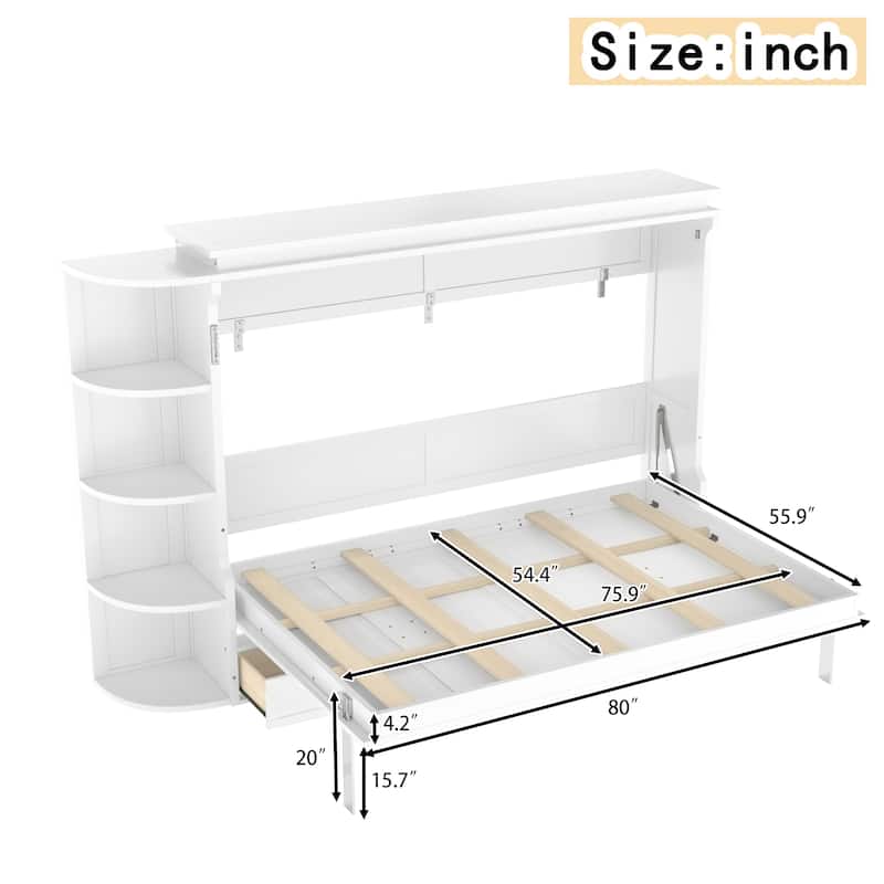 Murphy Platform Bed with Side Cabinets & Drawers, Wall Bed with Shelf for Home Office, Queen or Full