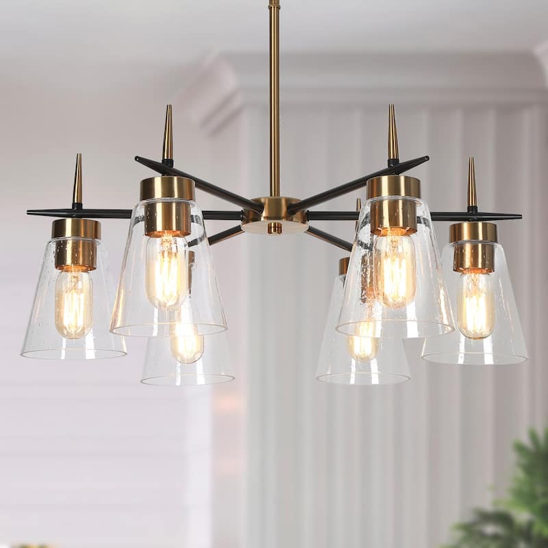 Aditi Mid-century Modern 6-Light Wheel Round Black Gold Bedroom Chandelier for Dining Room with Seeded Glass - D 23.6"* H 18.1"