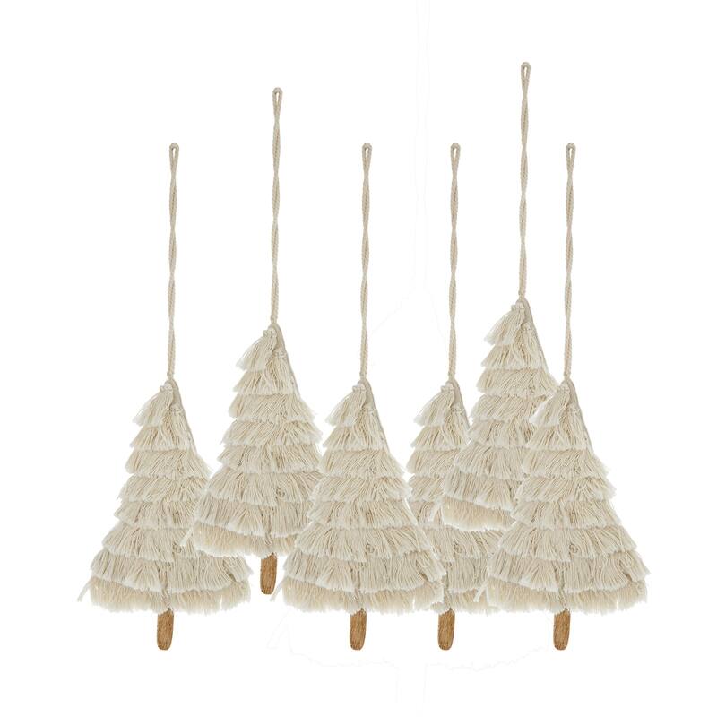 4.3x7.5" Fringes Embellished Tree Shape Ornament, Hanging Home Decor Accents for Christmas Tree, Set of 6 - White