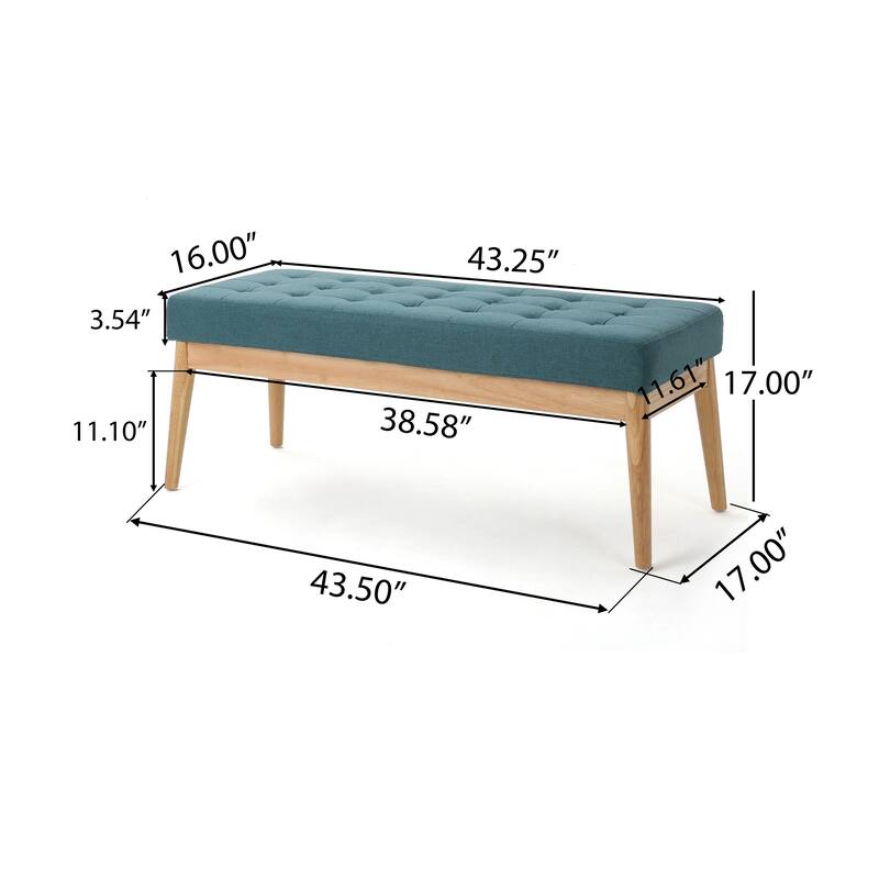 Gisa Ottoman Bench, Teal Blue Fabric Tufted Seat, 44 Inch Brown Wood