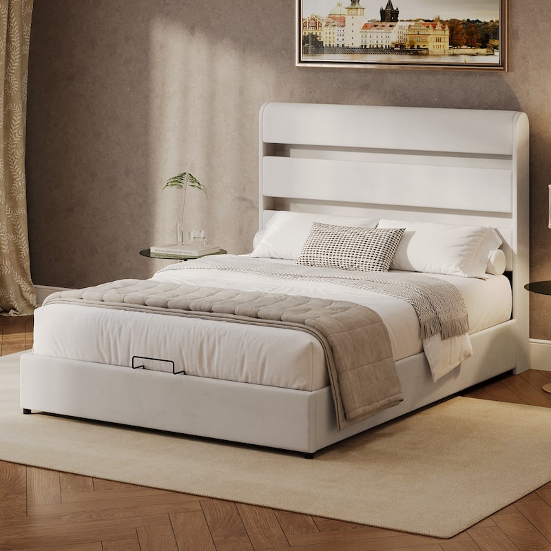 LED Storage Bed with Velvet Upholstery Headboard & Footboard, Beige Full