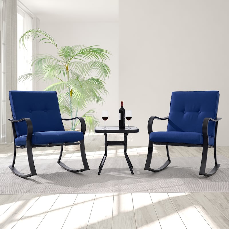 Bonosuki Outdoor 3-piece Rocking Chair Patio Bistro Set with Side Table - Navy Blue