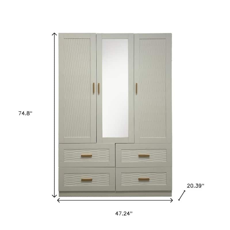 HomeRoots 75" White Ribbed Texture Wood Mirrored Three Door Four Drawer Combo Dresser