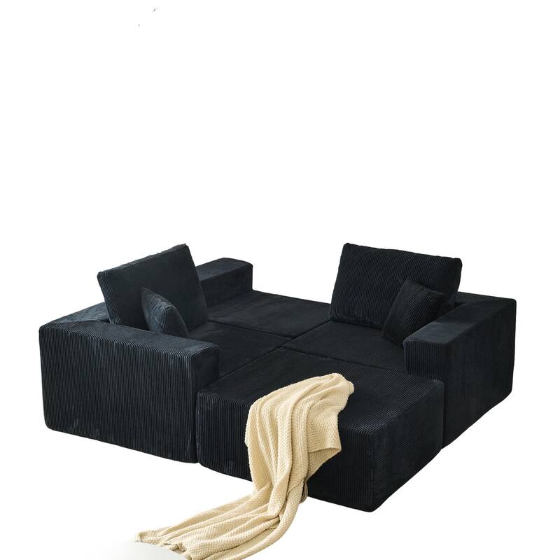 Modular L Shaped Sectional Sofa with Ottoman, Corduroy Boneless Cloud Sofa, 3 Seater Upholstered Sofa with 2 Pillows