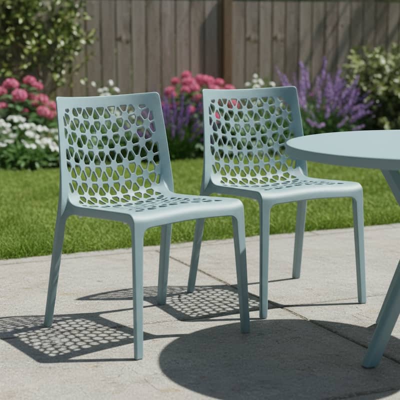 HomeRoots Set of Two Baby Blue Heavy Duty Plastic Outdoor Stacking Dining Chairs - Baby Blue