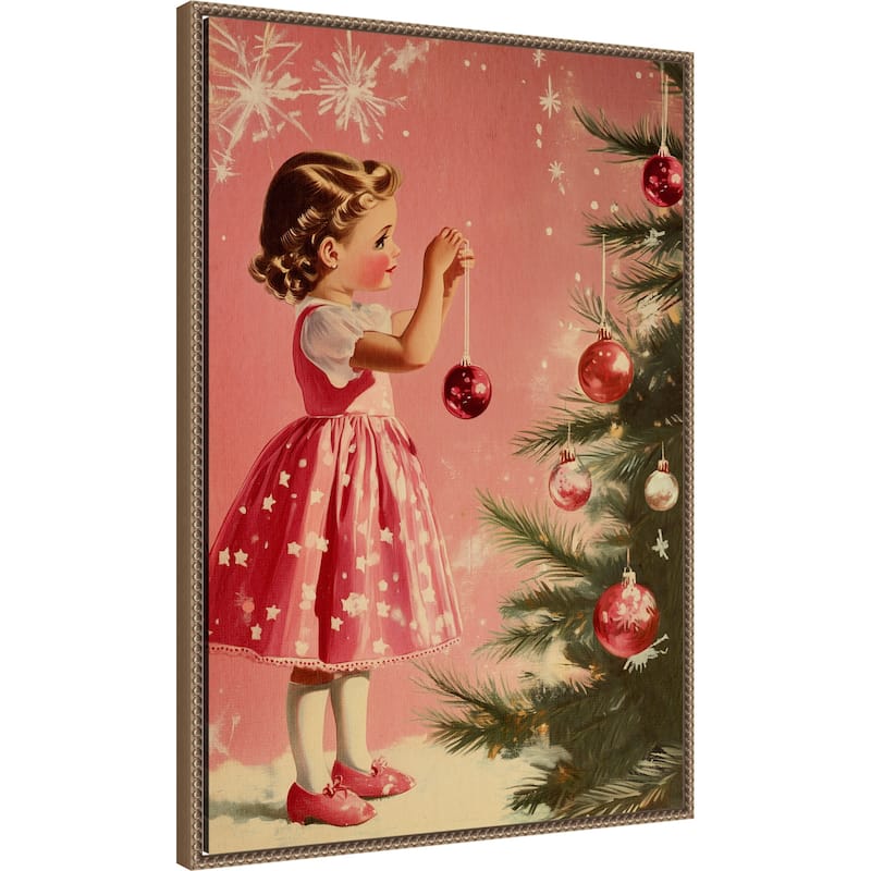 Girl With Baubles by Pictufy Studio (23 x 33 in.), Framed Canvas Wall Art Print - Sylvie Beaded Dark Gold