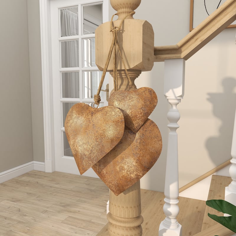 Metal Heart Tibetan Inspired Decorative Bells with Jute Hanging Rope - Set of 3 Red, Silver or Gold - Roche River Decor