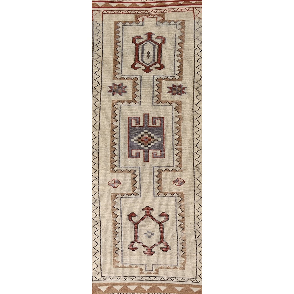 Natural Dye Anatolian Runner Rug Handmade Turkish Beige Wool Carpet - 3'4"x 10'6"