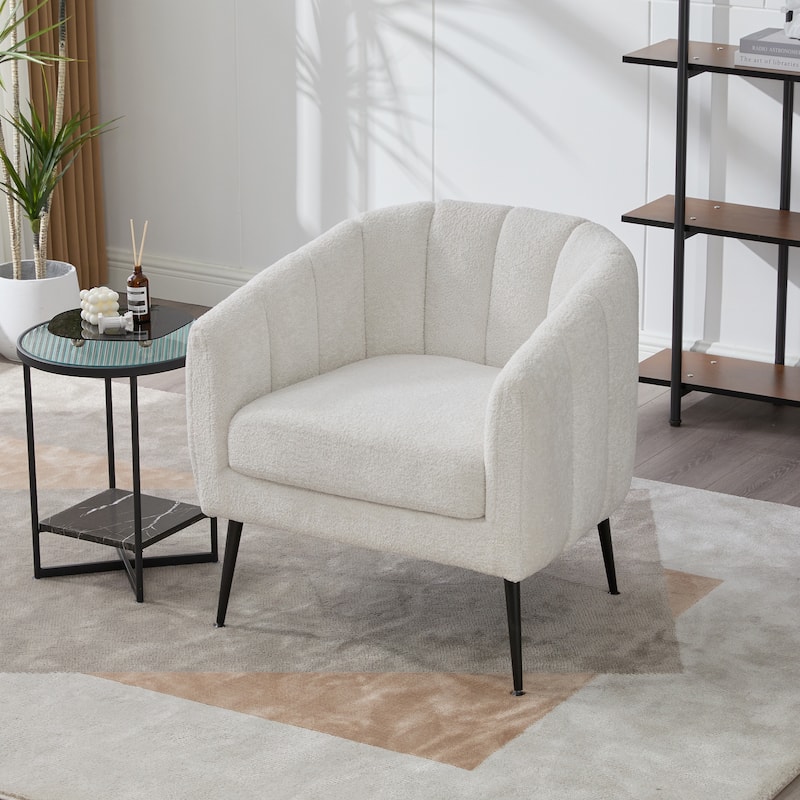 29.9" Upholstered Chenille Vanity Barrel Accent Chair with Metal Legs, Channel Tufted Lounge Chair Round Leisure Armchair